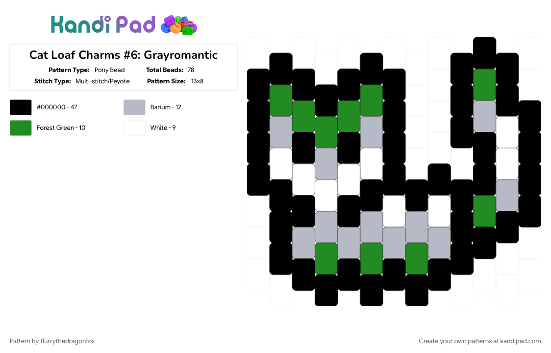 Cat Loaf Charms #6: Grayromantic - Pony Bead Pattern by flurrythedragonfox on Kandi Pad - animal, cat, charm, cute, grayromantic, green, multistitch, peyote, pride, white