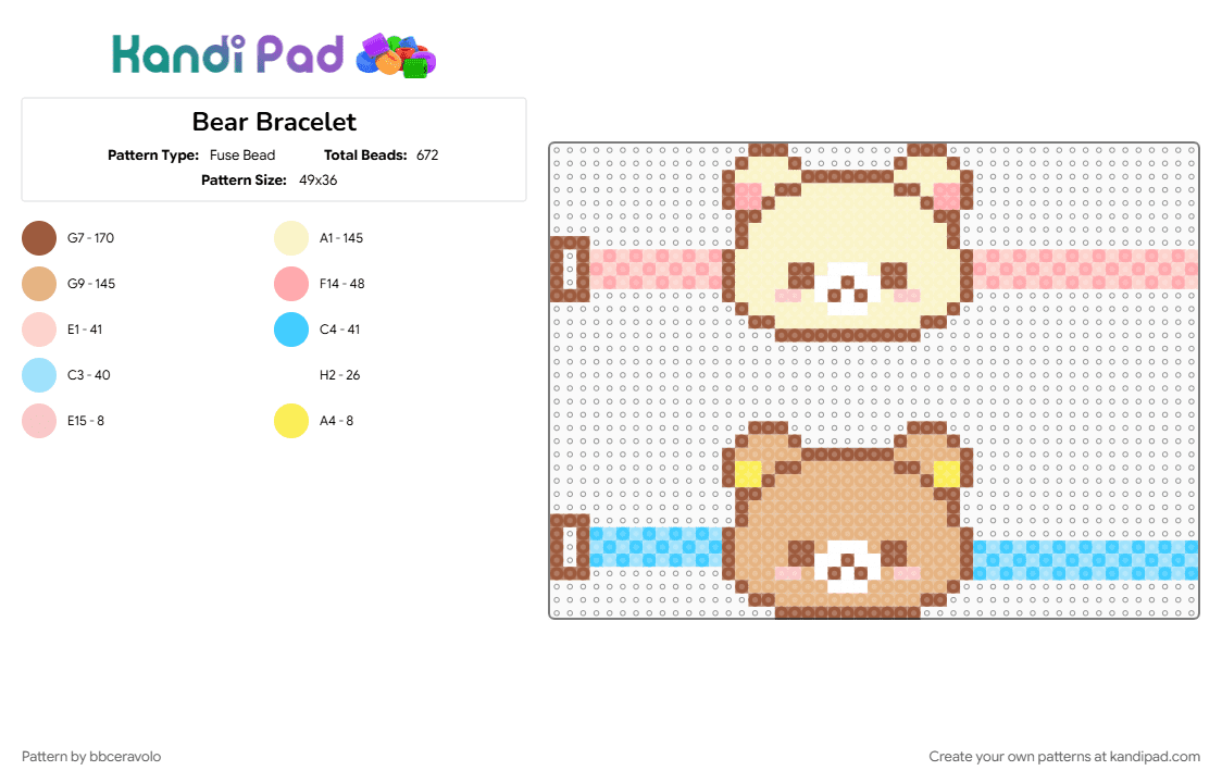 Bear Bracelet - Fuse Bead Pattern by bbceravolo on Kandi Pad - beige, red, yellow