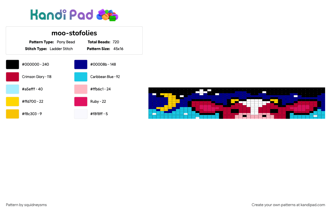 moo-stofolies - Pony Bead Pattern by squidneysms on Kandi Pad - light blue, purple, red