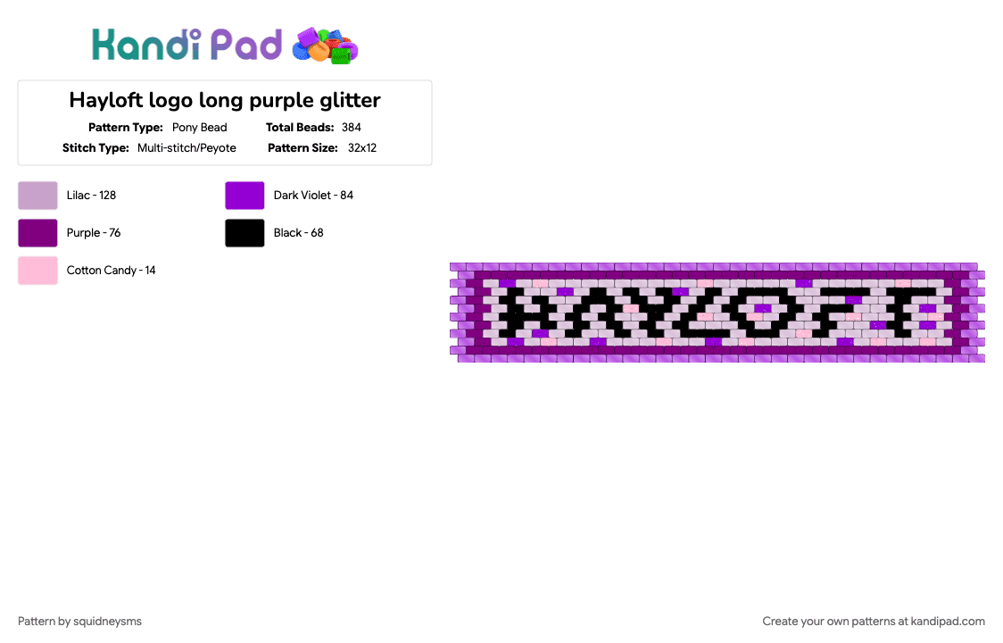 Hayloft logo long purple glitter - Pony Bead Pattern by squidneysms on Kandi Pad - pink, purple