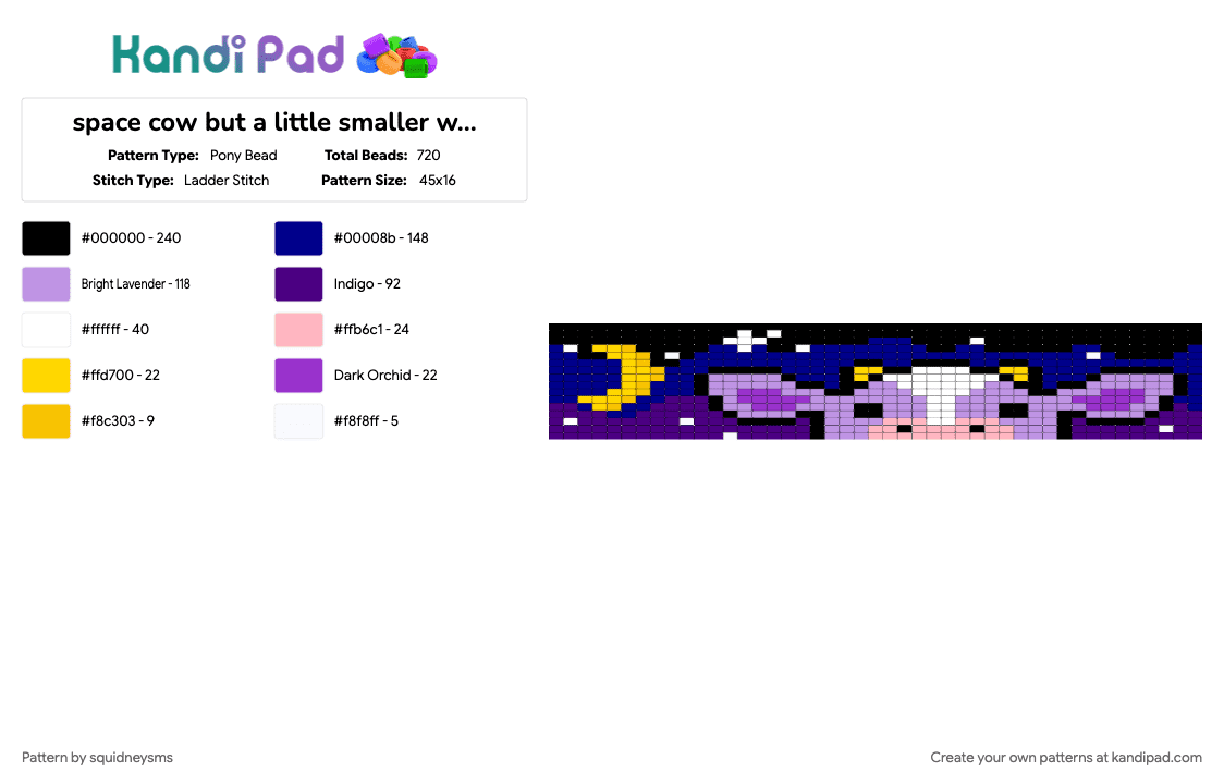 space cow but a little smaller with just moon - Pony Bead Pattern by squidneysms on Kandi Pad - pink, purple