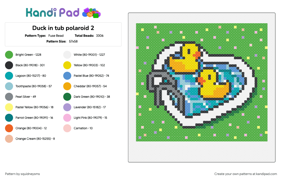 Duck in tub polaroid 2 - Fuse Bead Pattern by squidneysms on Kandi Pad - green, white