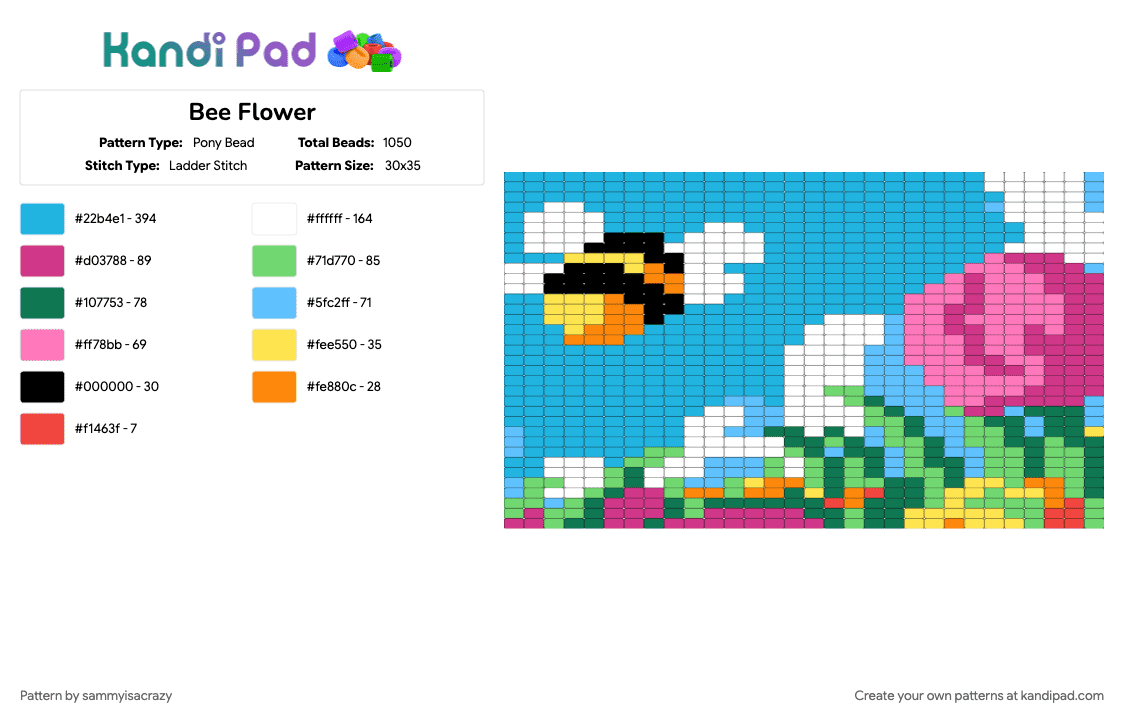 Bee Flower - Pony Bead Pattern by sammyisacrazy on Kandi Pad - light blue, pink, teal