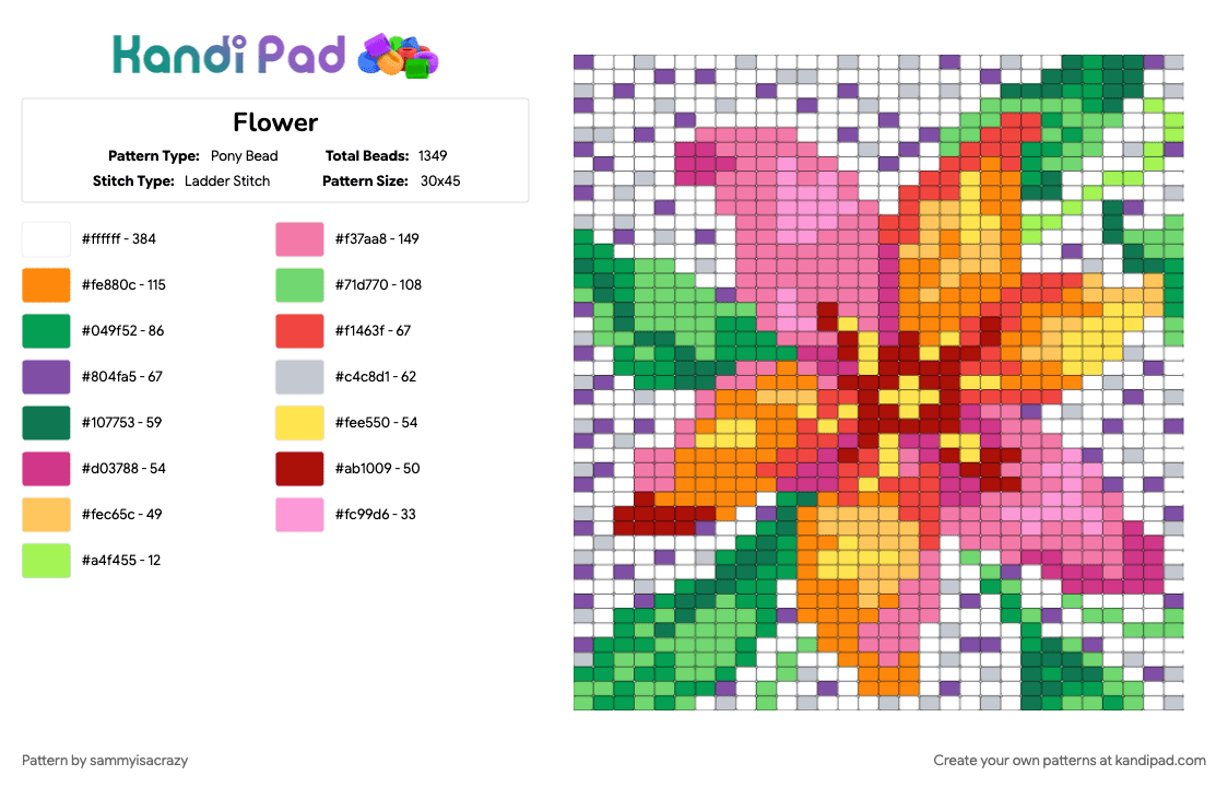 Flower - Pony Bead Pattern by sammyisacrazy on Kandi Pad - orange, pink, red, teal