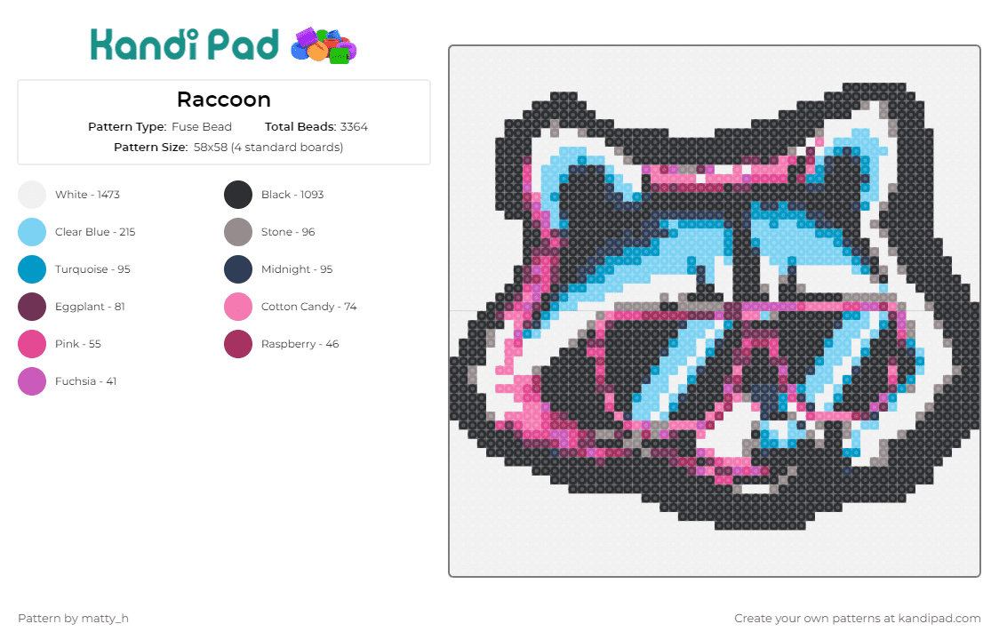Raccoon - Fuse Bead Pattern by matty_h on Kandi Pad - raccoon,retro,neon,cool,glasses,animal,punk,light blue,pink