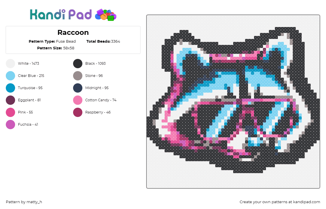 Raccoon - Fuse Bead Pattern by matty_h on Kandi Pad - raccoon,retro,neon,cool,glasses,animal,punk,light blue,pink