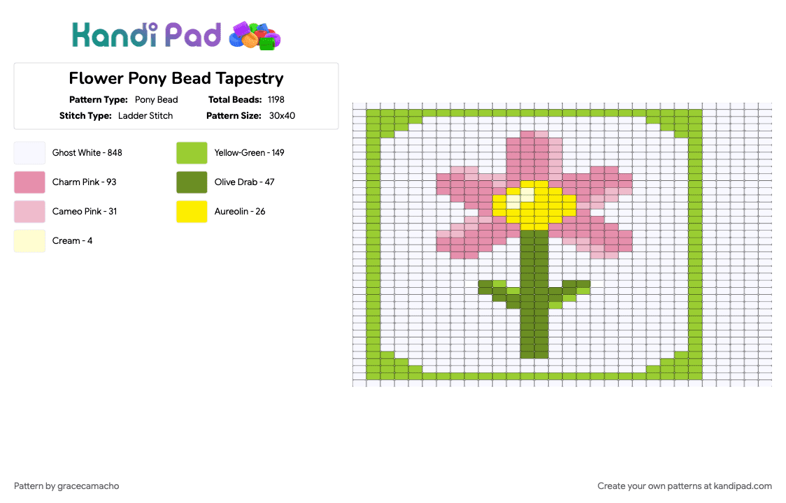 Flower Pony Bead Tapestry - Pony Bead Pattern by gracecamacho on Kandi Pad - flowers, green, pink, white