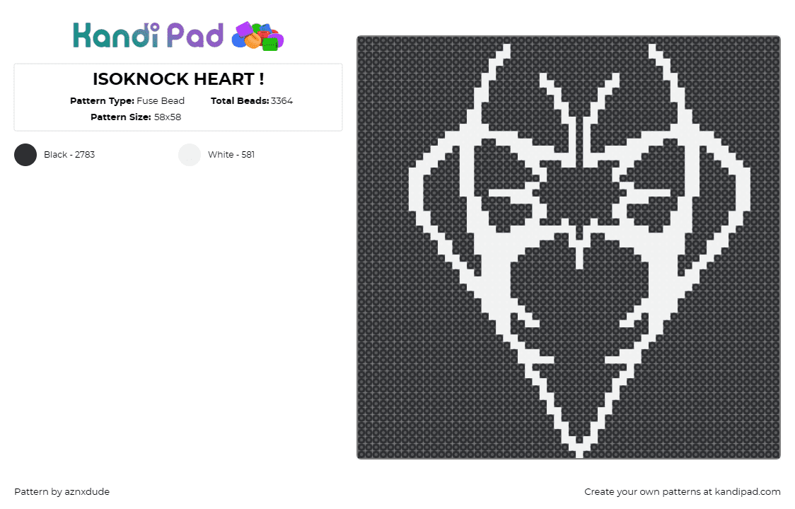 ISOKNOCK HEART ! - Fuse Bead Pattern by aznxdude on Kandi Pad - isoknock,isoxo,knock2,geometric,outline,heart,dj,music,white,black