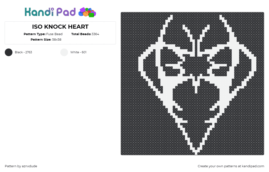 ISO KNOCK HEART - Fuse Bead Pattern by aznxdude on Kandi Pad - isoknock,isoxo,knock2,geometric,outline,heart,dj,music,white,black