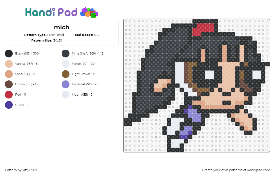 mich - Fuse Bead Pattern by kitty6969 on Kandi Pad - powerpuff girls,mashup,tv show,music,character,cartoon,black,purple,tan