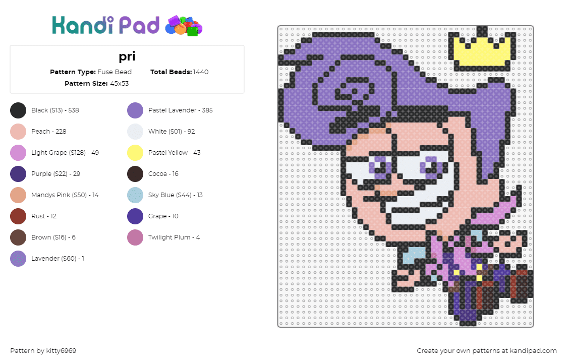 pri - Fuse Bead Pattern by kitty6969 on Kandi Pad - peri,fairly odd parents,fairy,character,crown,smile,cartoon,tv show,purple,pink