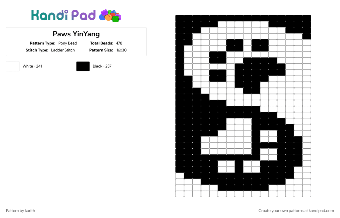 Paws YinYang - Pony Bead Pattern by karith on Kandi Pad - black, white