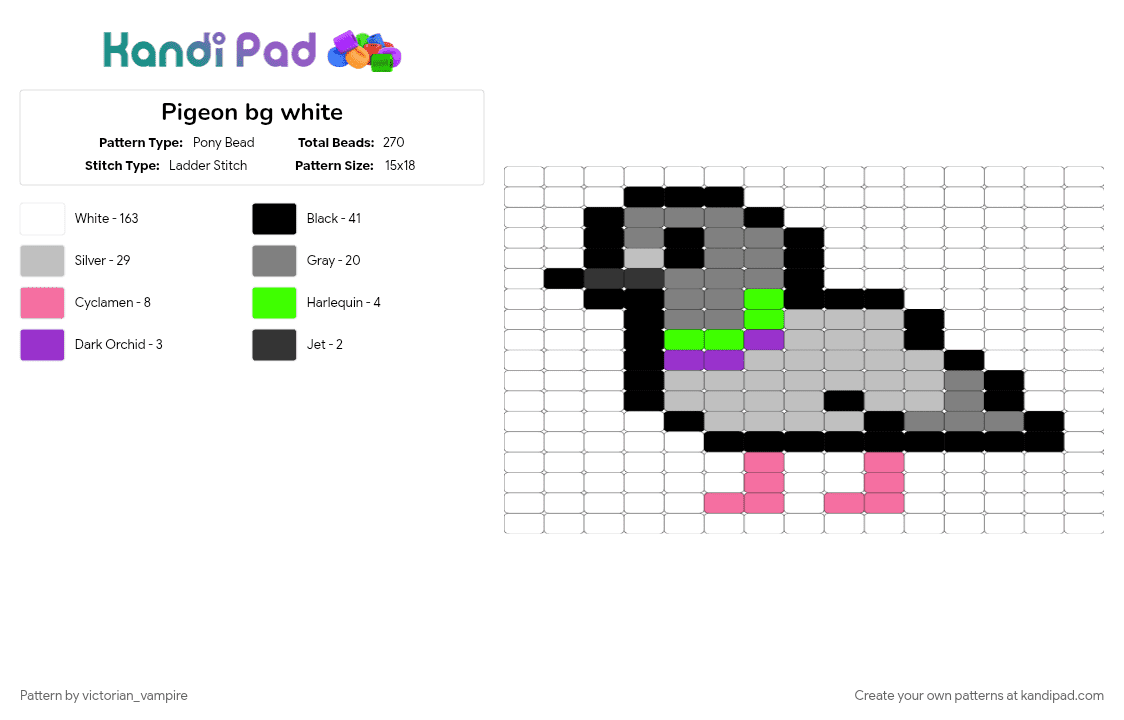 Pigeon bg white - Pony Bead Pattern by victorian_vampire on Kandi Pad - animal, beige, bird, cute, gray, pigeon, rock dove, white