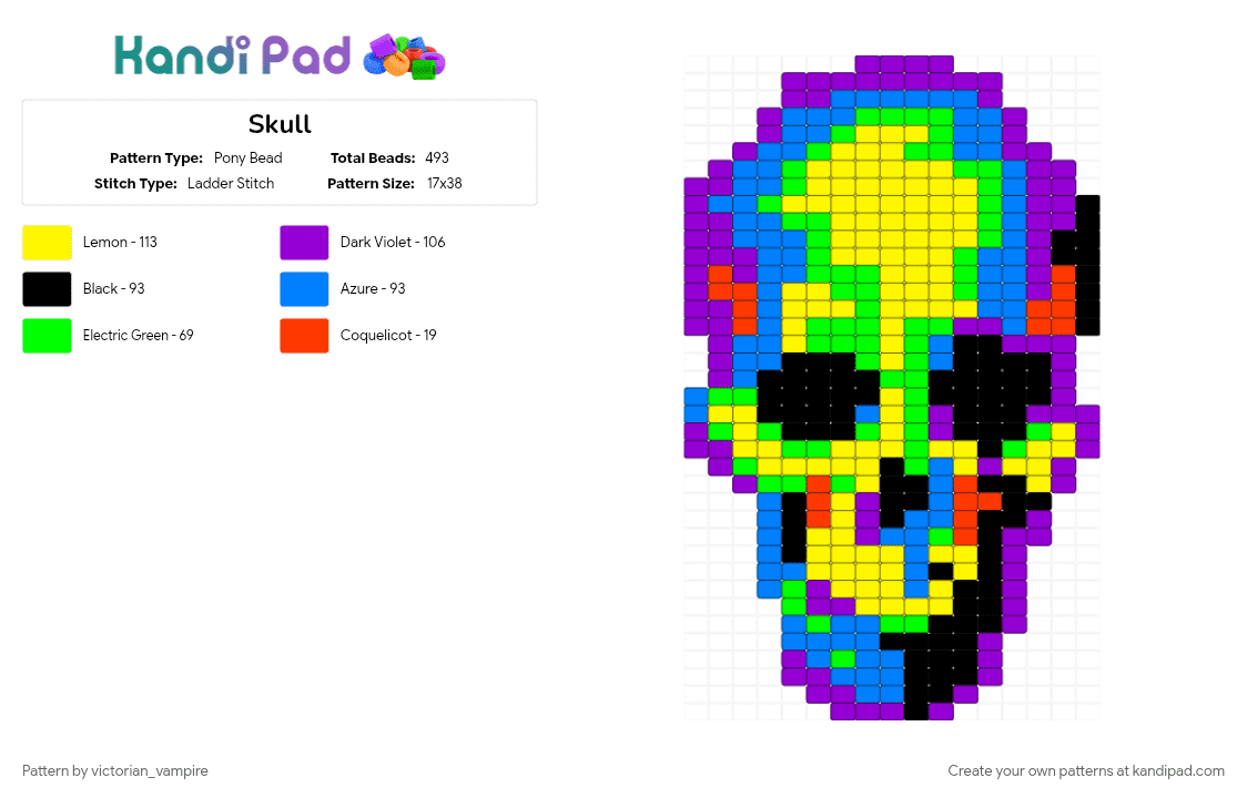 Skull - Pony Bead Pattern by victorian_vampire on Kandi Pad - blue, dark, halloween, panel, purple, skull, spooky, yellow