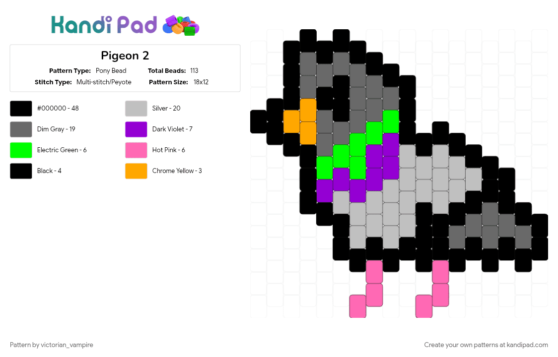Pigeon 2 - Pony Bead Pattern by victorian_vampire on Kandi Pad - animal, beige, bird, black, cute, gray, pigeon