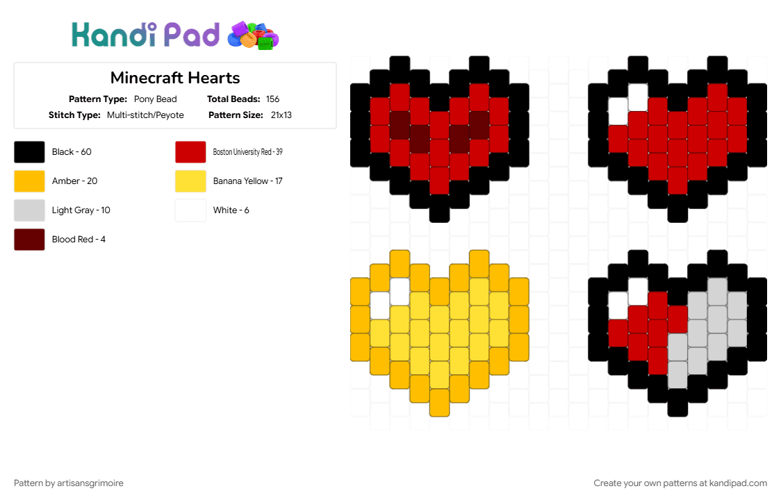 Minecraft Hearts - Pony Bead Pattern by artisansgrimoire on Kandi Pad - red, yellow
