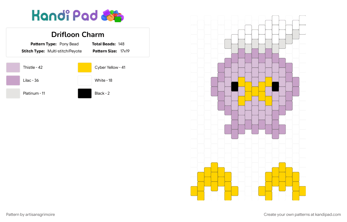 Drifloon Charm - Pony Bead Pattern by artisansgrimoire on Kandi Pad - balloon, character, drifloon, gaming, pink, pokemon, purple, yellow
