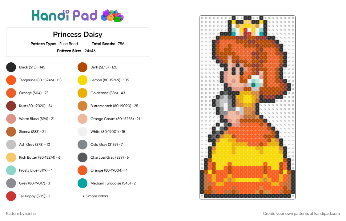 Princess Daisy - Fuse Bead Pattern by isinha on Kandi Pad - character, gaming, mario, nintendo, orange, red, video game, yellow