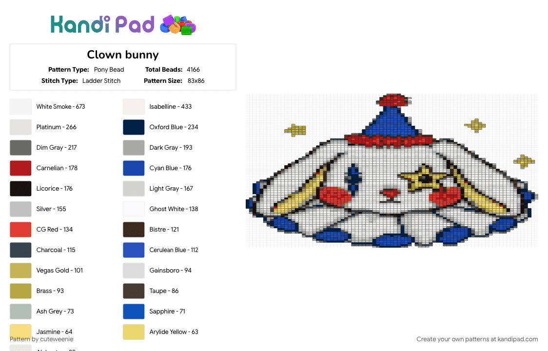 Clown bunny - Pony Bead Pattern by cuteweenie on Kandi Pad - beige, blue, red, white