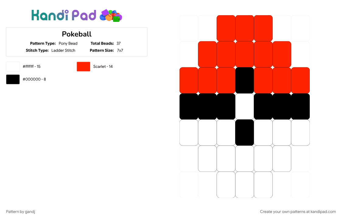Pokeball - Pony Bead Pattern by gandj on Kandi Pad - pokeball, pokemon, red, white