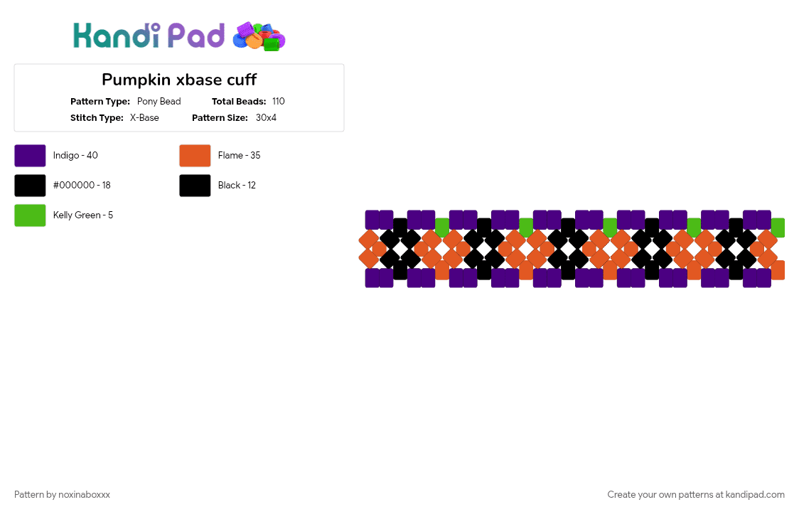 Pumpkin xbase cuff - Pony Bead Pattern by noxinaboxxx on Kandi Pad - cuff, cute, halloween, pumpkin, pumpkins, purple, red, spooky, xbase, xbase cuff