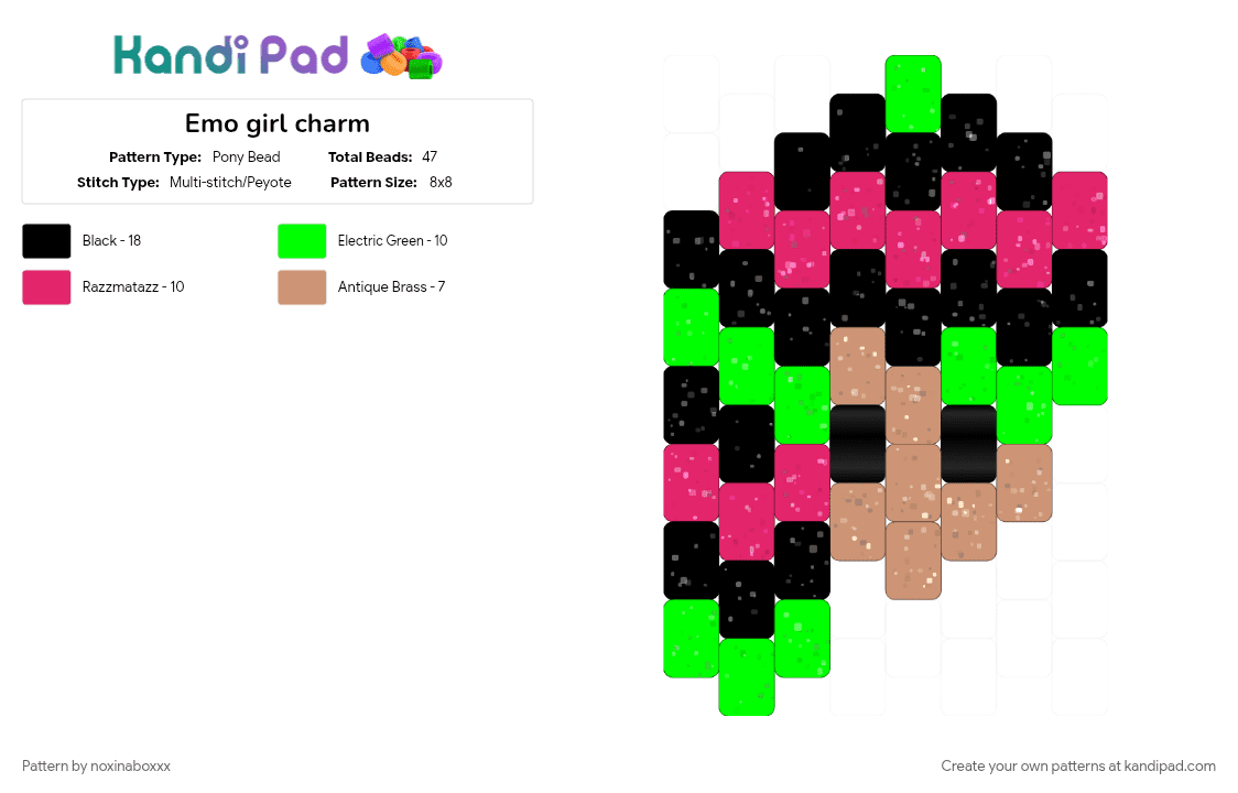 Emo girl charm - Pony Bead Pattern by noxinaboxxx on Kandi Pad - charm, cotdemohairstyles, emo, green, person, pink, scene, scenemo