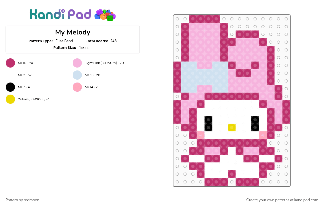 My Melody - Fuse Bead Pattern by redmoon on Kandi Pad - character, hello kitty, hello kitty my melody, hellokitty, my melody, my melody bunny rabbit, pink, sanrio, sanrio my melody