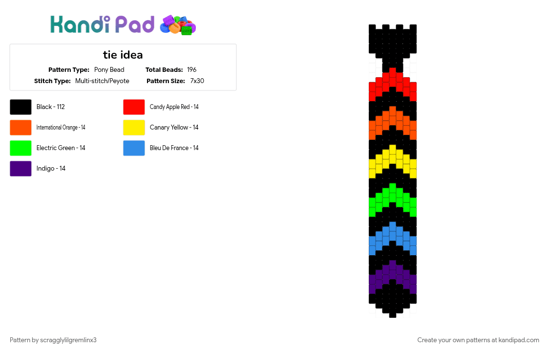 tie idea - Pony Bead Pattern by scragglylilgremlinx3 on Kandi Pad - black, colorful, green, orange, purple, tie