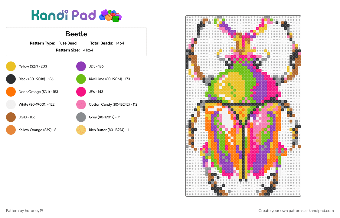 Beetle - Fuse Bead Pattern by hdroney19 on Kandi Pad - colorful, pink, yellow