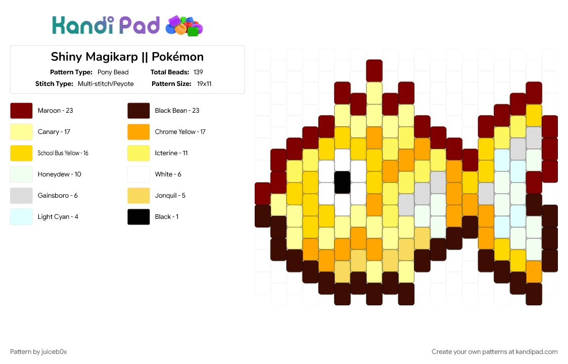 Shiny Magikarp || Pokémon - Pony Bead Pattern by juiceb0x on Kandi Pad - brown, charm, cute, gaming, magikarp, nintendo, pokemon, shiny pokemon, video game, yellow