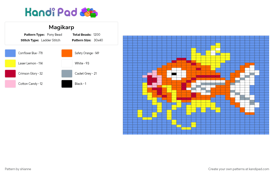 Magikarp - Pony Bead Pattern by shianne on Kandi Pad - light blue