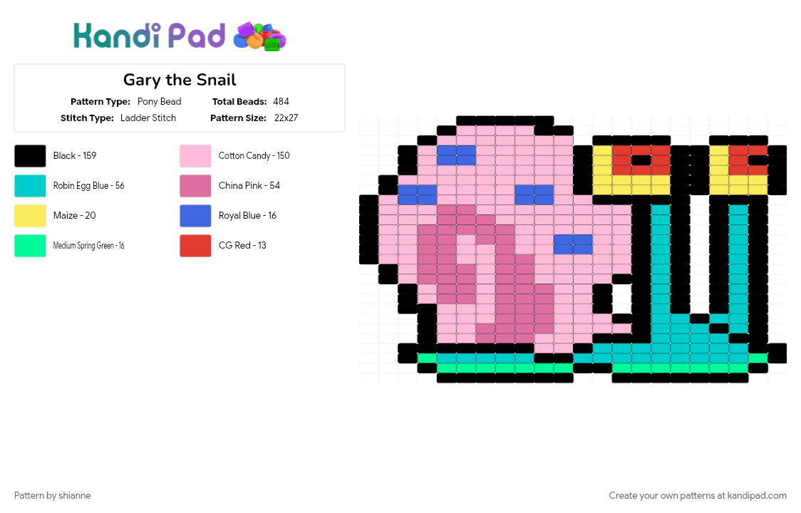 Gary the Snail - Pony Bead Pattern by shianne on Kandi Pad - pink, teal