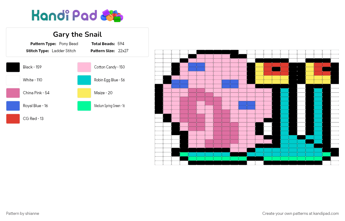 Gary the Snail - Pony Bead Pattern by shianne on Kandi Pad - pink, teal