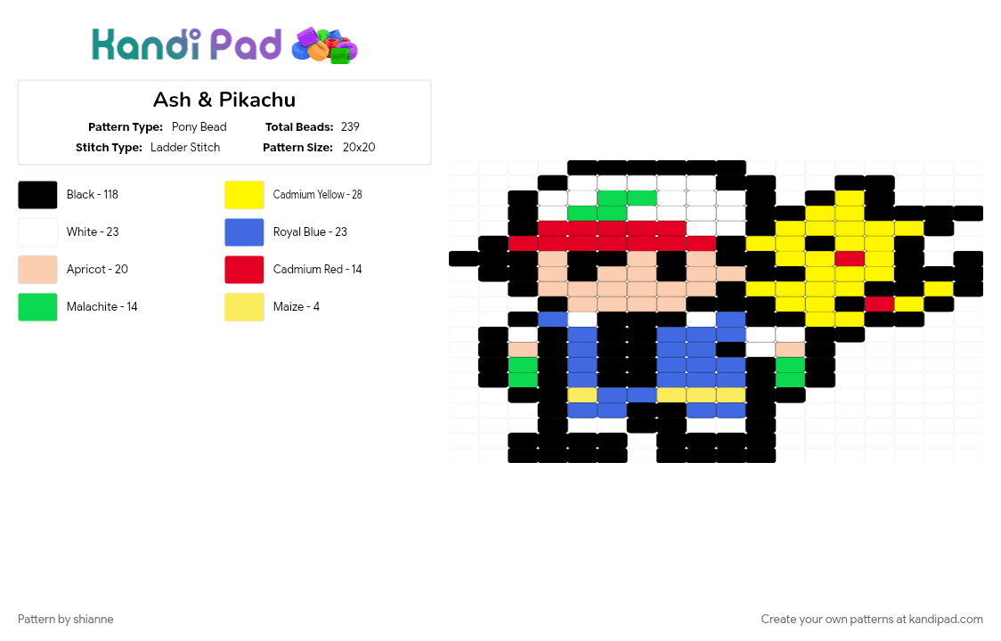 Ash & Pikachu - Pony Bead Pattern by shianne on Kandi Pad - beige, black, blue, yellow