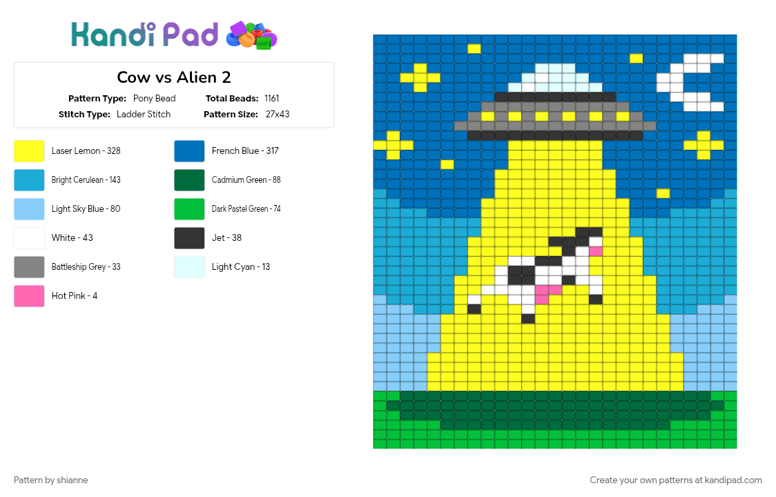 Cow vs Alien 2 - Pony Bead Pattern by shianne on Kandi Pad - blue, green, light blue, yellow