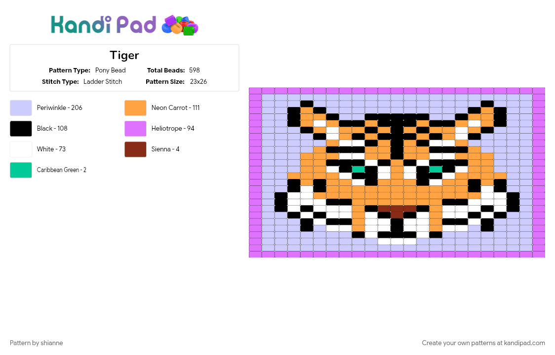 Tiger - Pony Bead Pattern by shianne on Kandi Pad - orange, pink