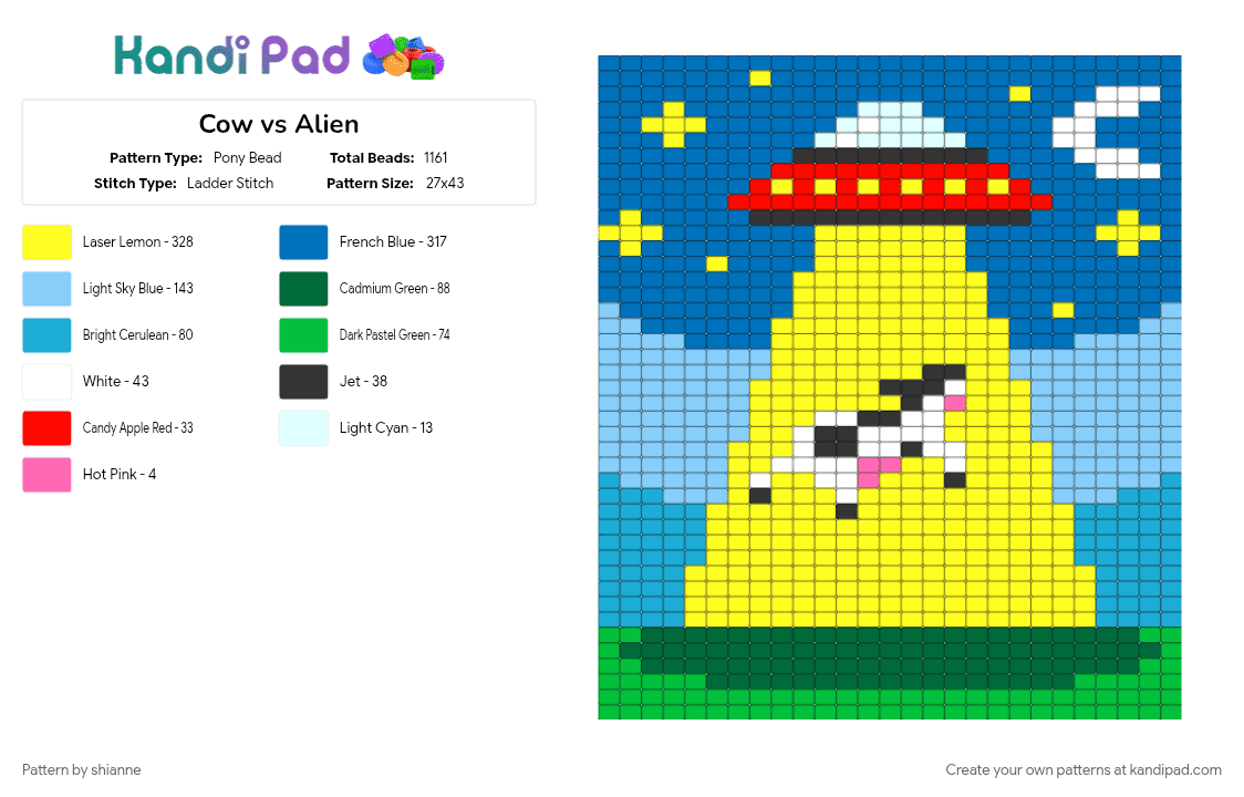Cow vs Alien - Pony Bead Pattern by shianne on Kandi Pad - blue, green, light blue, yellow