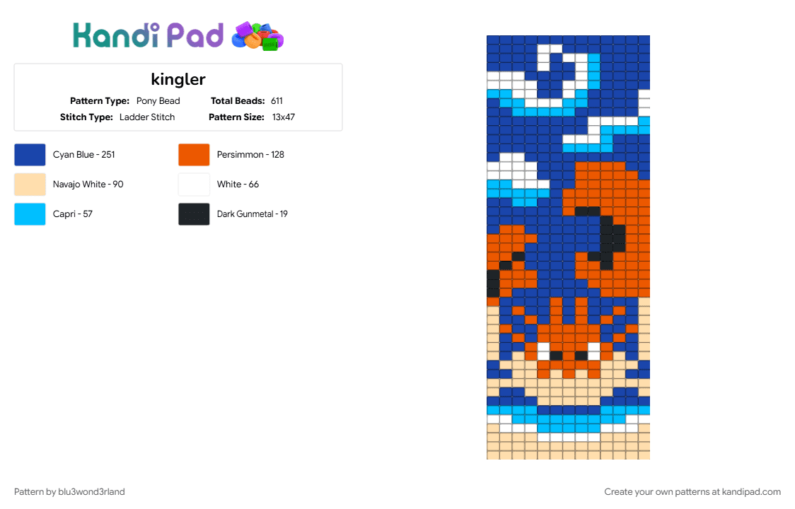 kingler - Pony Bead Pattern by blu3wond3rland on Kandi Pad - blue, orange