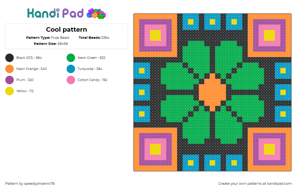 Cool pattern - Fuse Bead Pattern by speedyphoenix78 on Kandi Pad - geometric,flower,clover,panel,colorful,green,blue,pink,orange