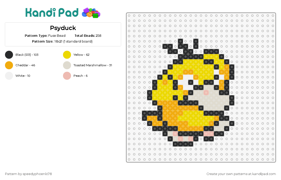 Psyduck - Fuse Bead Pattern by speedyphoenix78 on Kandi Pad - psyduck,pokemon,character,gaming,yellow