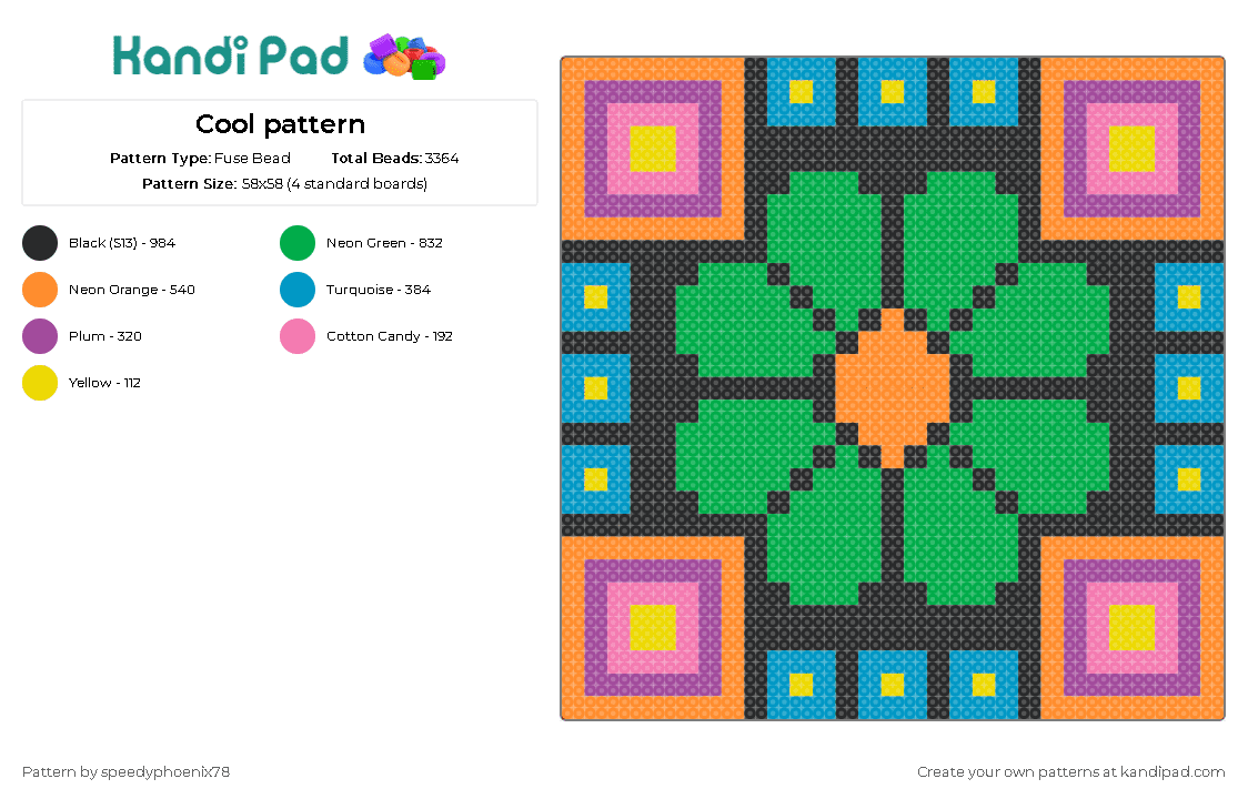 Cool pattern - Fuse Bead Pattern by speedyphoenix78 on Kandi Pad - geometric,flower,clover,panel,colorful,green,blue,pink,orange