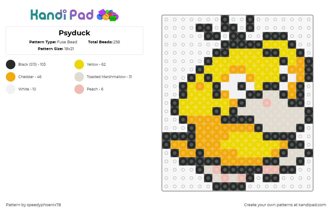 Psyduck - Fuse Bead Pattern by speedyphoenix78 on Kandi Pad - psyduck,pokemon,character,gaming,yellow