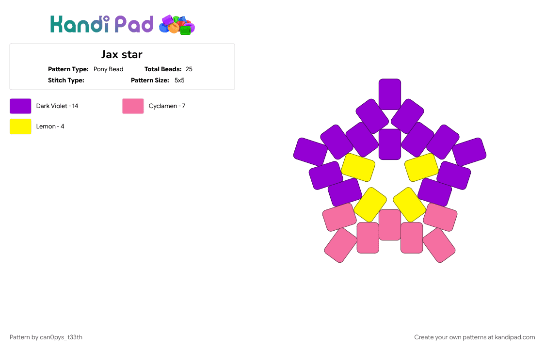 Jax star - Pony Bead Pattern by can0pys_t33th on Kandi Pad - jax, jax tadc, jaxtadc, keychain, purple, star, star keychain, stars, tadc