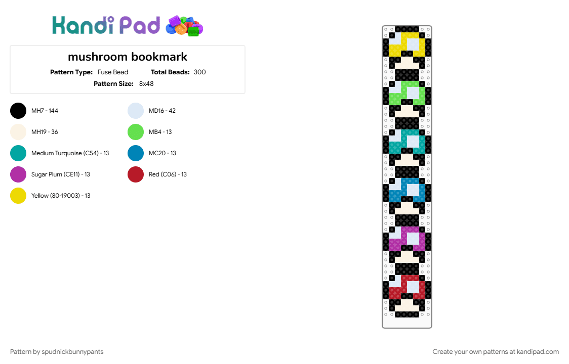 mushroom bookmark - Fuse Bead Pattern by spudnickbunnypants on Kandi Pad - black, colorful, cute, mario, mushroom, nintendo, pink, rainbow, teal, universal, video game, white, yellow