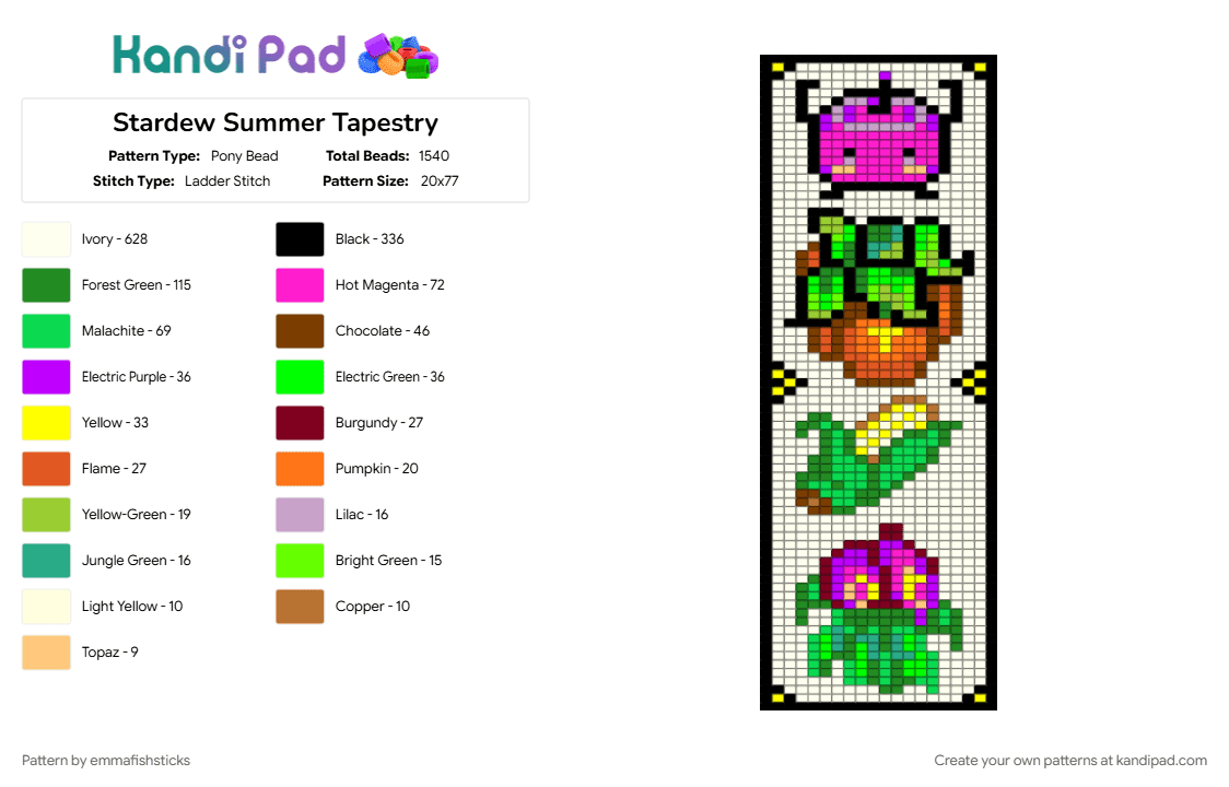 Stardew Summer Tapestry - Pony Bead Pattern by emmafishsticks on Kandi Pad - colorful, pink, teal, white