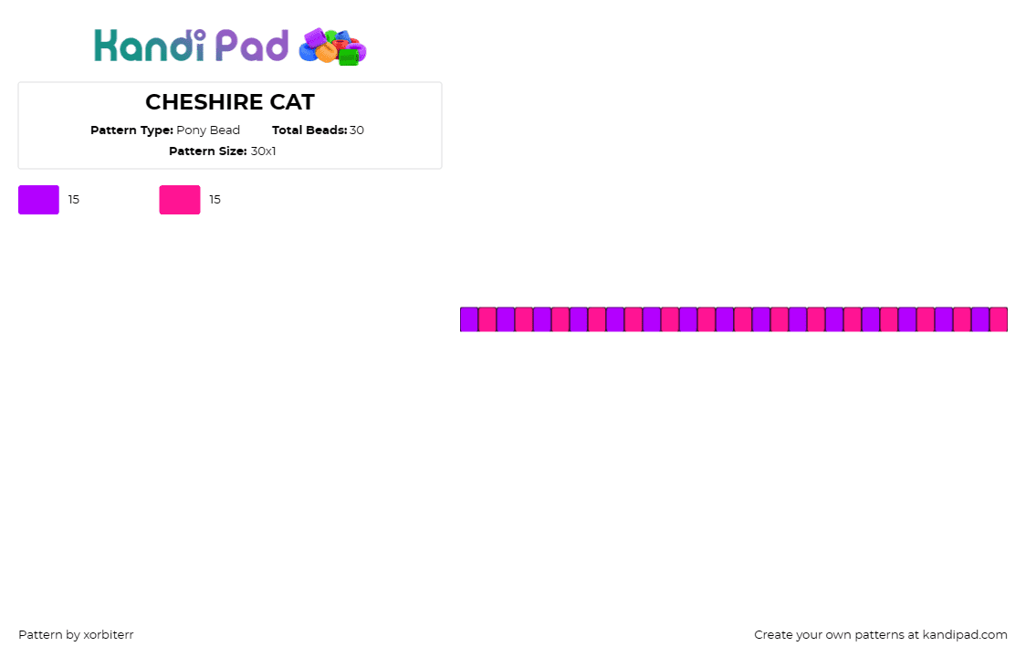 CHESHIRE CAT - Pony Bead Pattern by xorbiterr on Kandi Pad - cheshire cat,alice in wonderland,story,bright,single,bracelet,pink