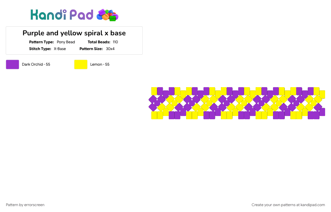 Purple and yellow spiral x base - Pony Bead Pattern by errorscreen on Kandi Pad - purple, spiral, x cuff, yellow