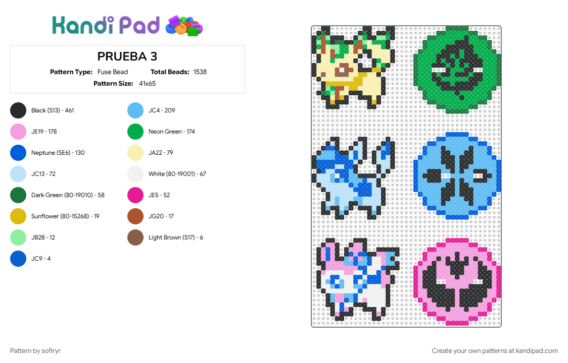 Leafeon, Glaceon and Sylveon with a base - Fuse Bead Pattern by sofiryr on Kandi Pad - blue, green, light blue, pink