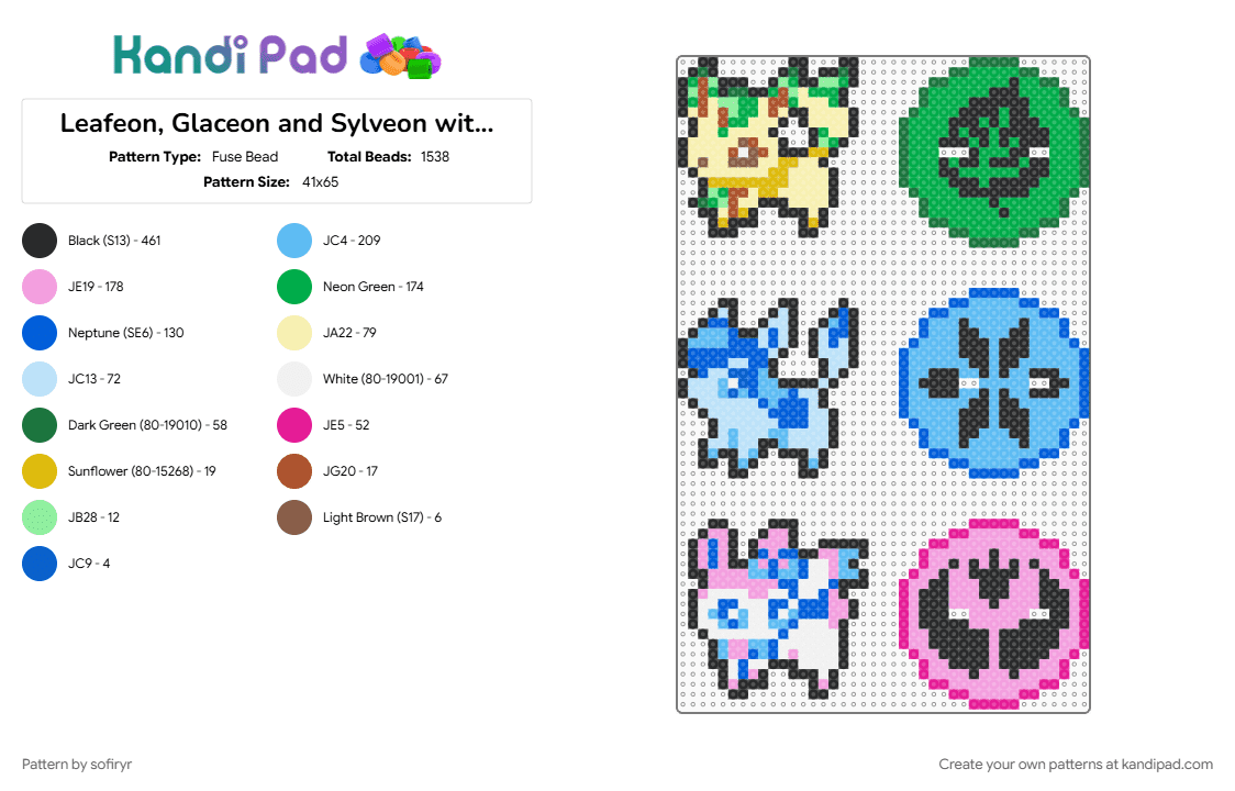 Leafeon, Glaceon and Sylveon with a base - Fuse Bead Pattern by sofiryr on Kandi Pad - blue, green, light blue, pink