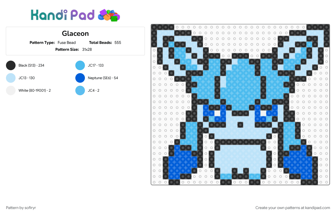 Glaceon - Fuse Bead Pattern by sofiryr on Kandi Pad - light blue